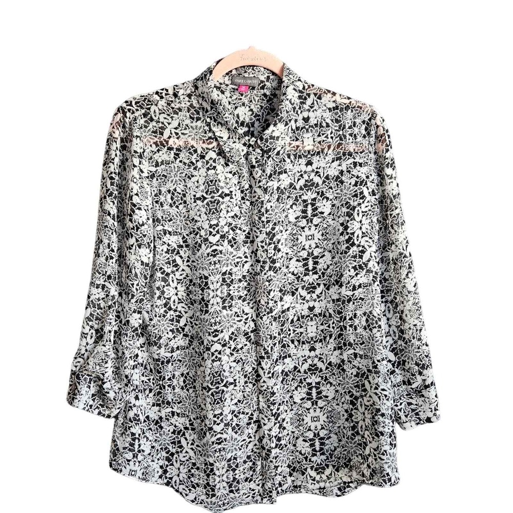 VINCE‎ CAMUTO Womens Black/White Sheer Button Down Shirt Sz Med